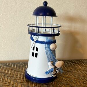 Mediterranean Lighthouse, iron , candle holder, white & blue.